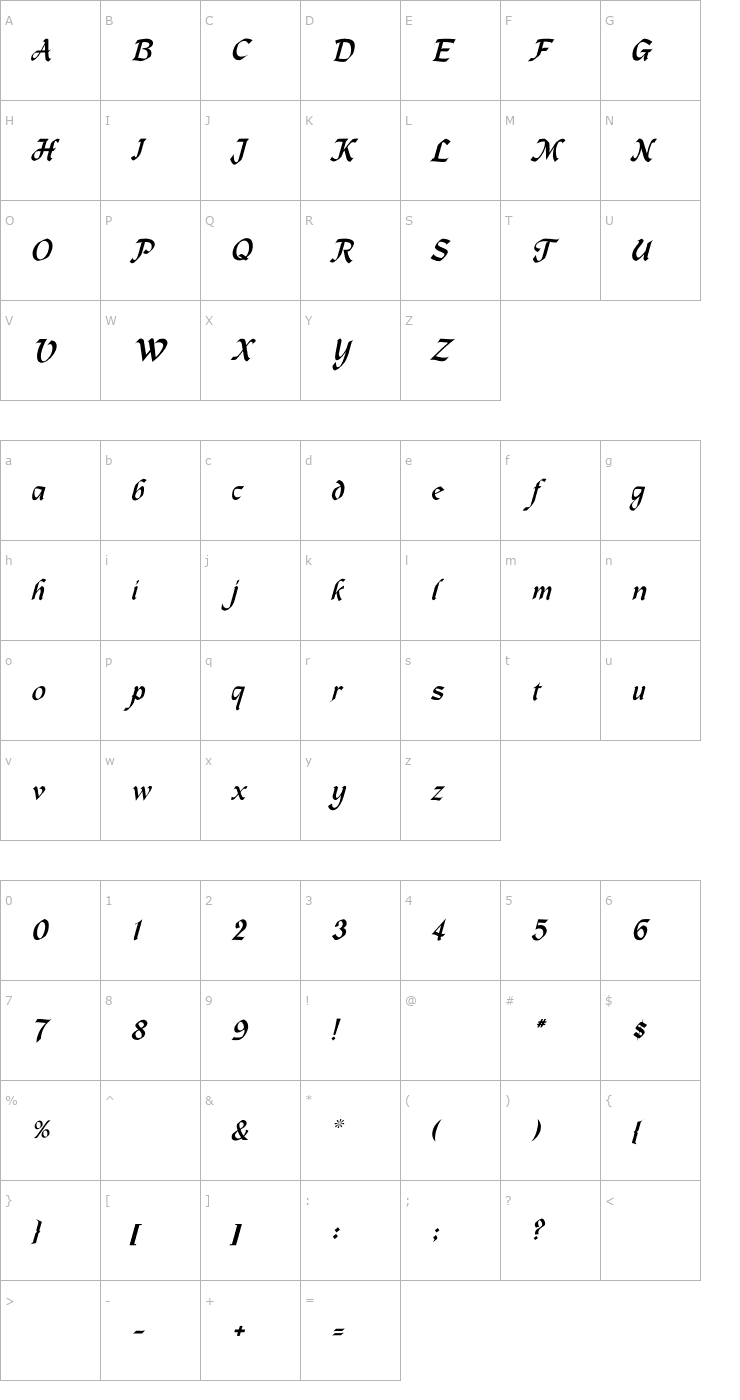 Character Map MacHumaine-Normal-Italic Font