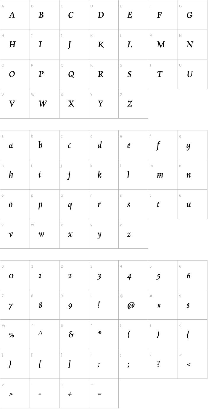 Character Map MaiolaPro-BoldItalic Font