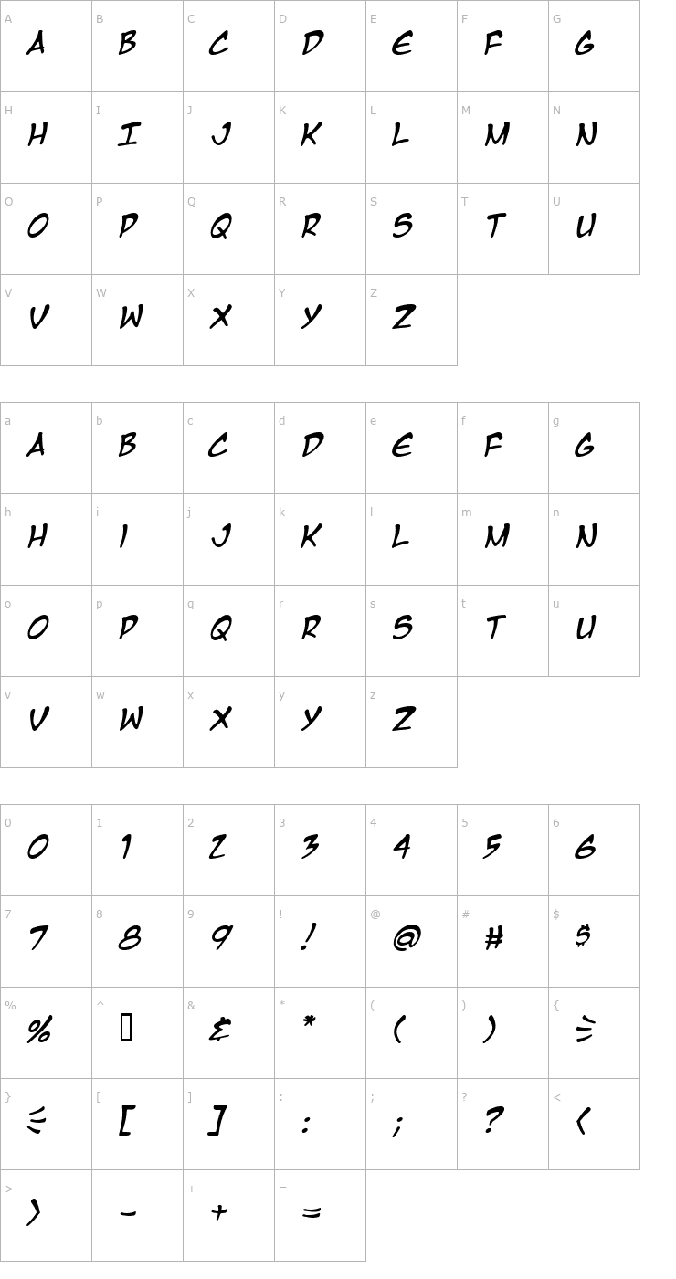 Character Map Manga Temple Italic Font