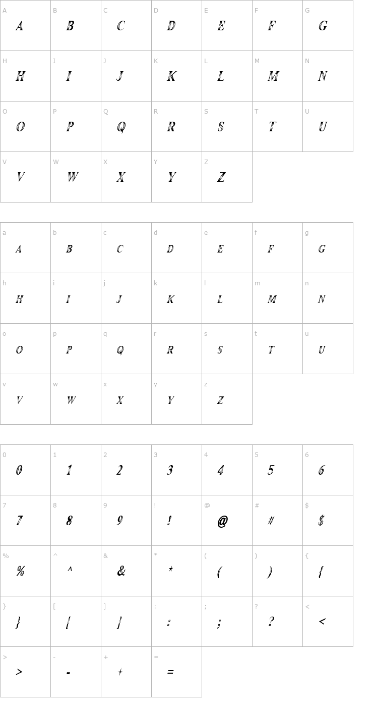 Character Map Maranallo High Italic Font