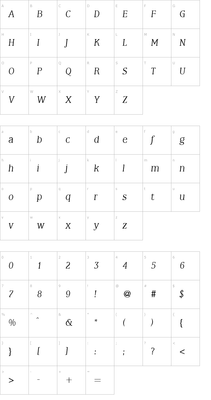 Character Map MarburgLight-RegularItalic Font