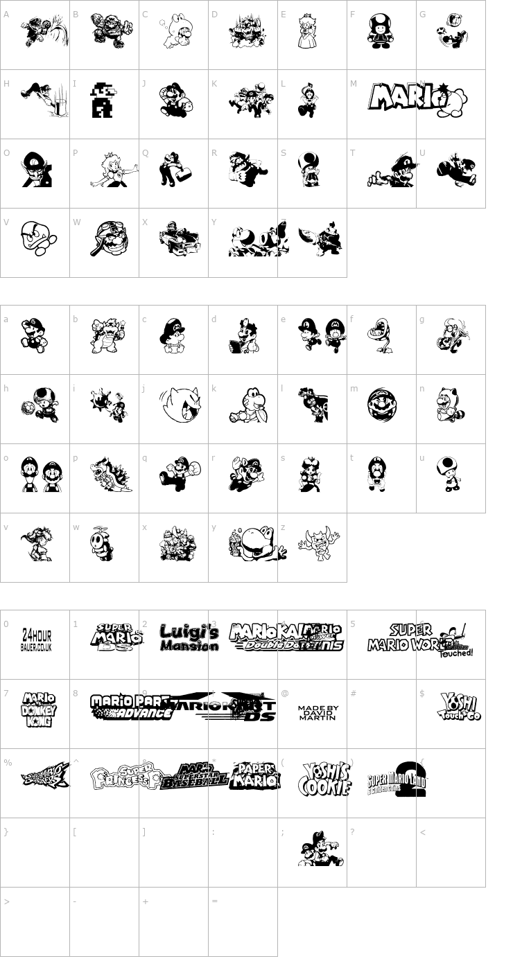 Character Map Mario and Luigi Font