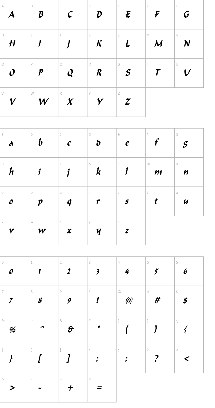 Character Map Marlin Condensed BoldItalic Font