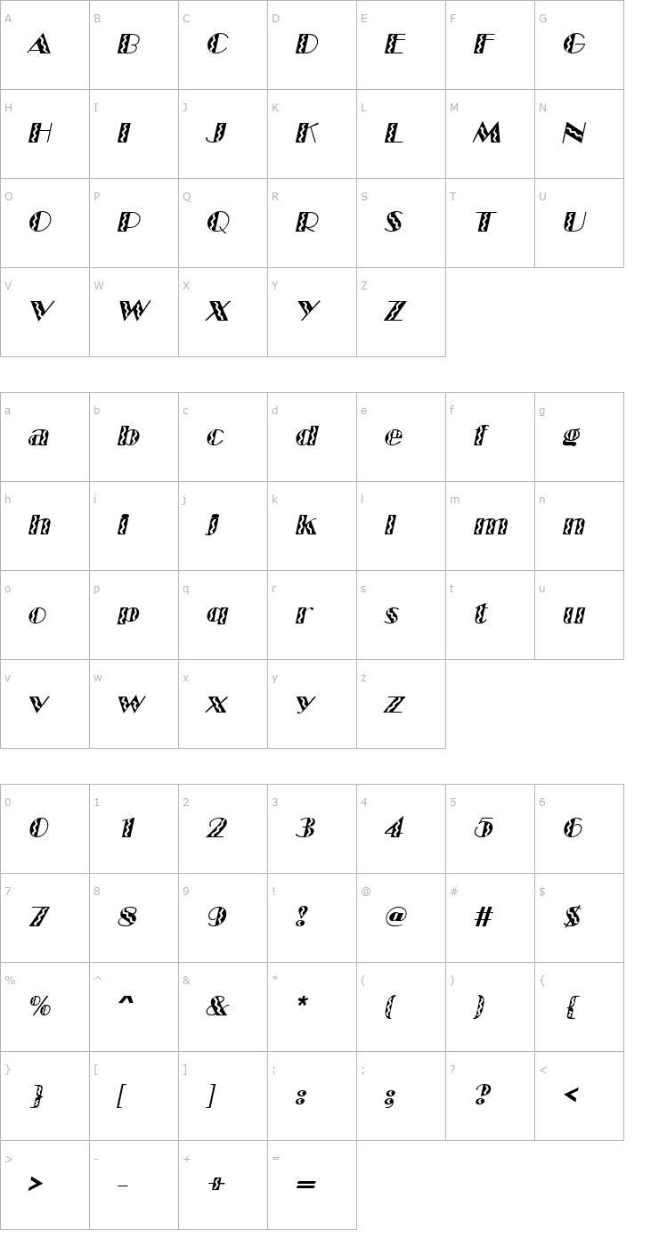 Character Map MarqueeFlash Italic Font