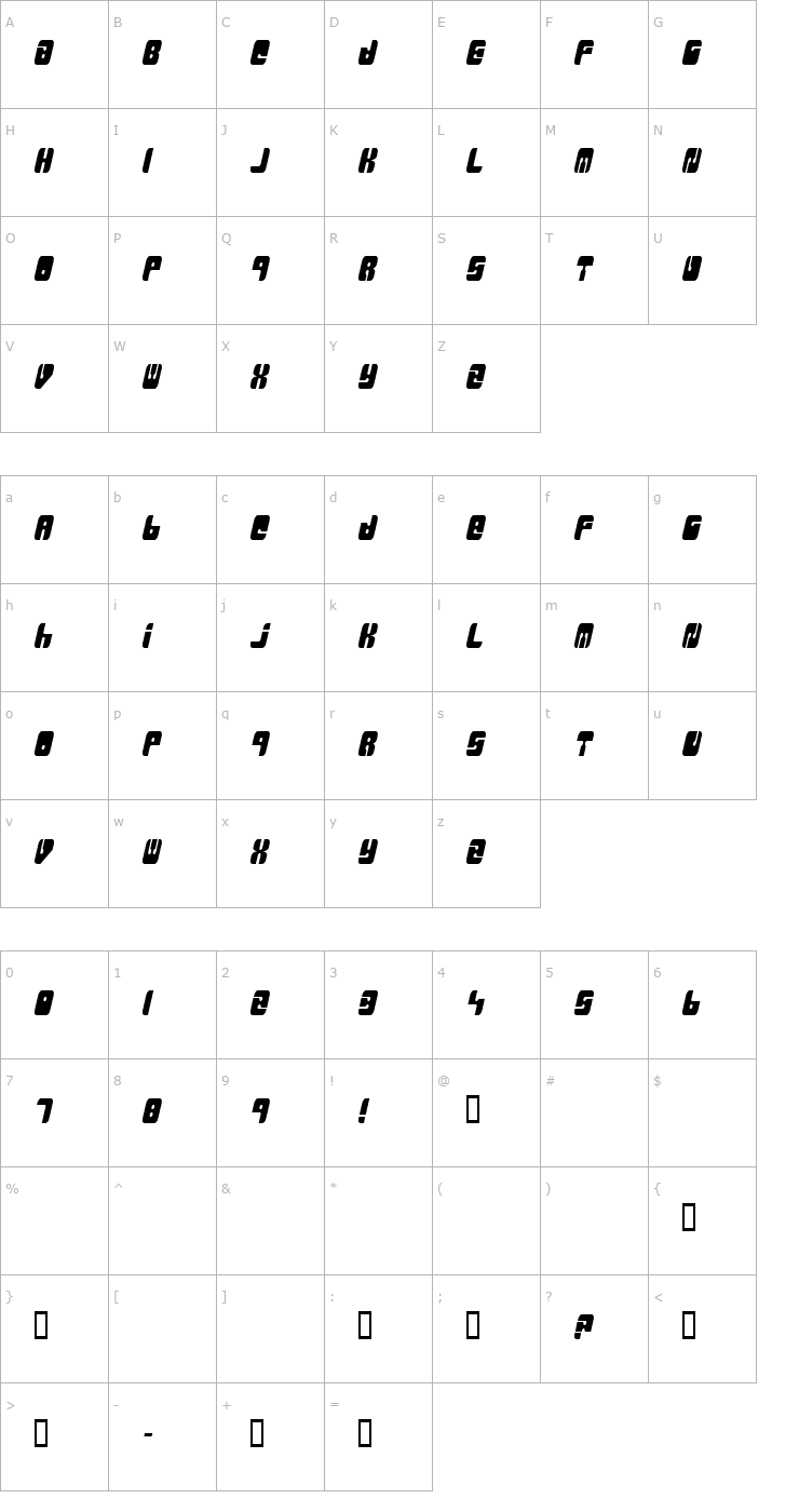 Character Map MassiveRetaliation Font