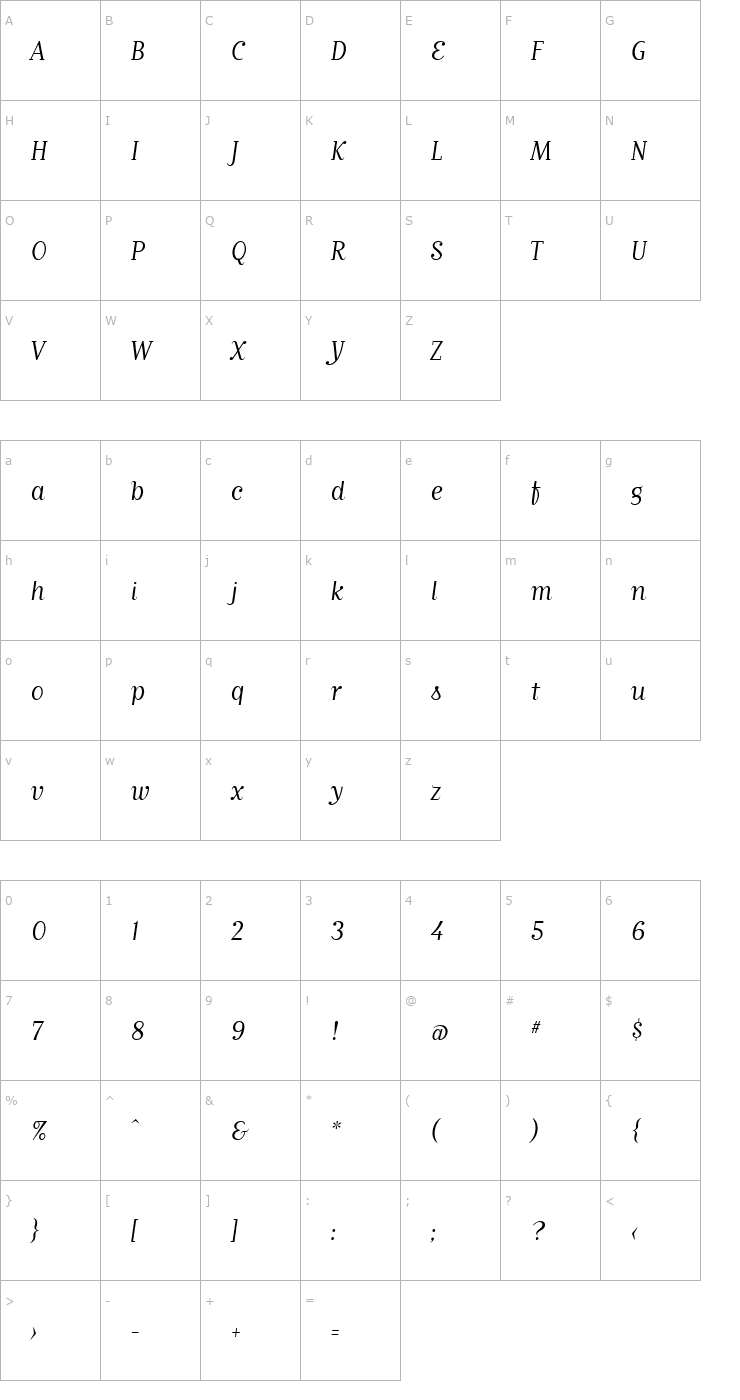 Character Map MatrixScriptBookLining Font