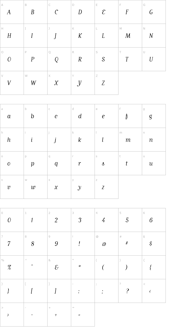 Character Map MatrixScriptBookLining Regular Font