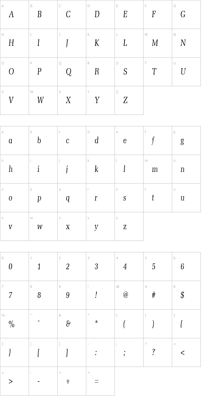 Character Map MemoirCondensed Italic Font