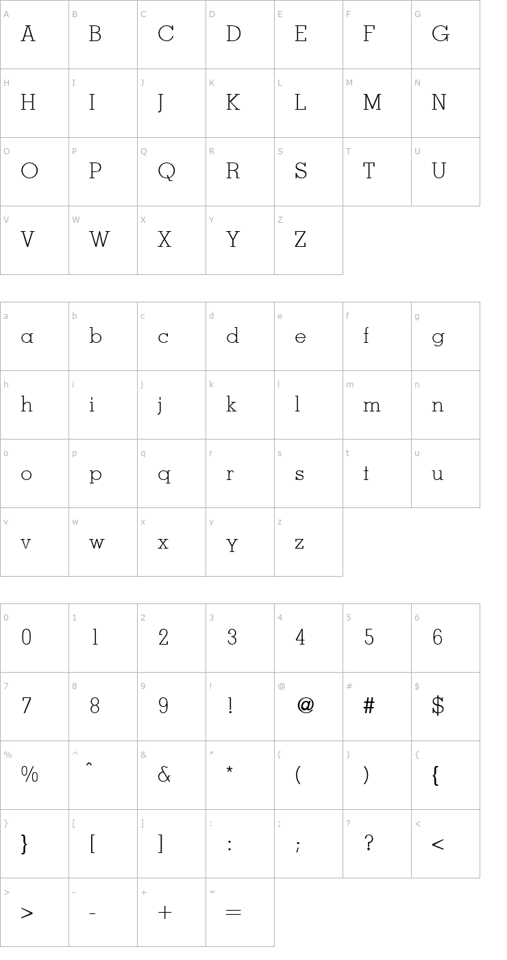 Character Map MesaLight-Regular Font