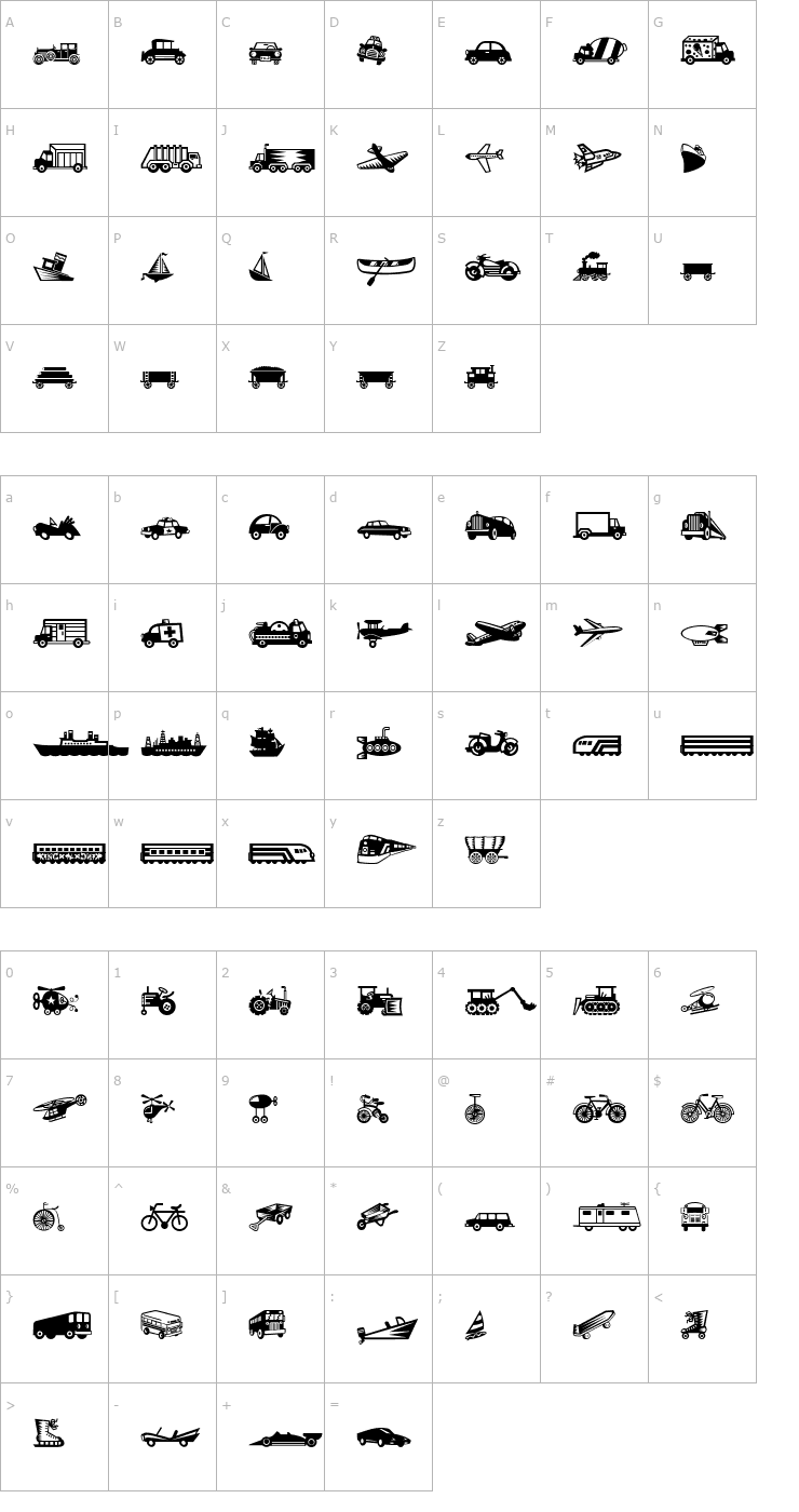 Character Map MiniPics-LilVehicles Font