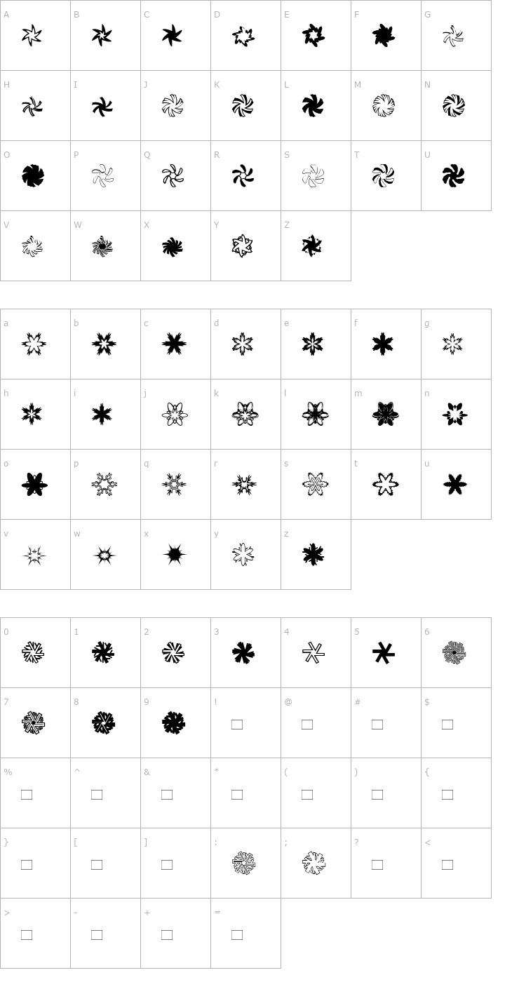 Character Map MiniPics-Snowflakes Font