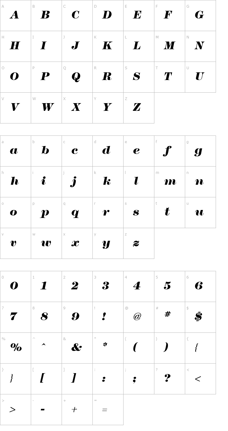 Character Map Modern No. 216 Heavy Italic Font