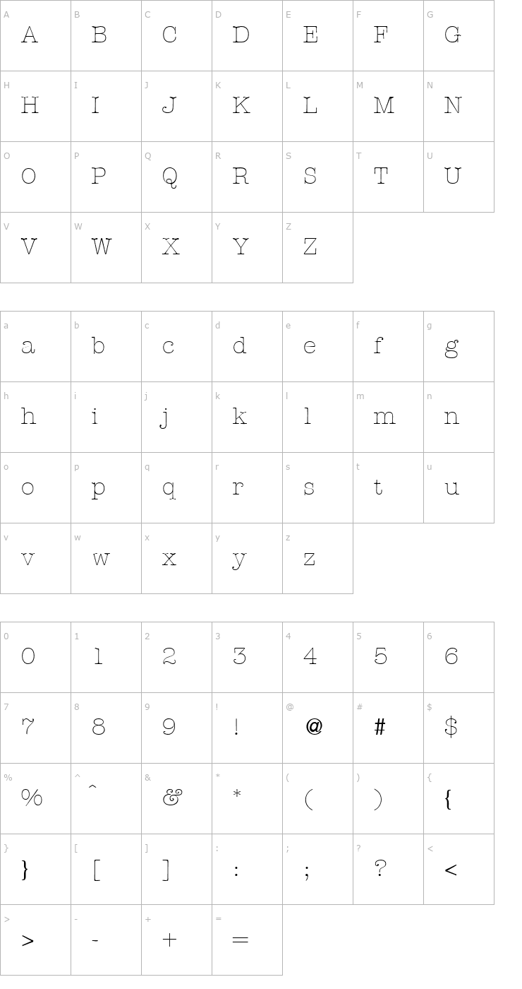 Character Map ModernTypewriterLight-Regular Font