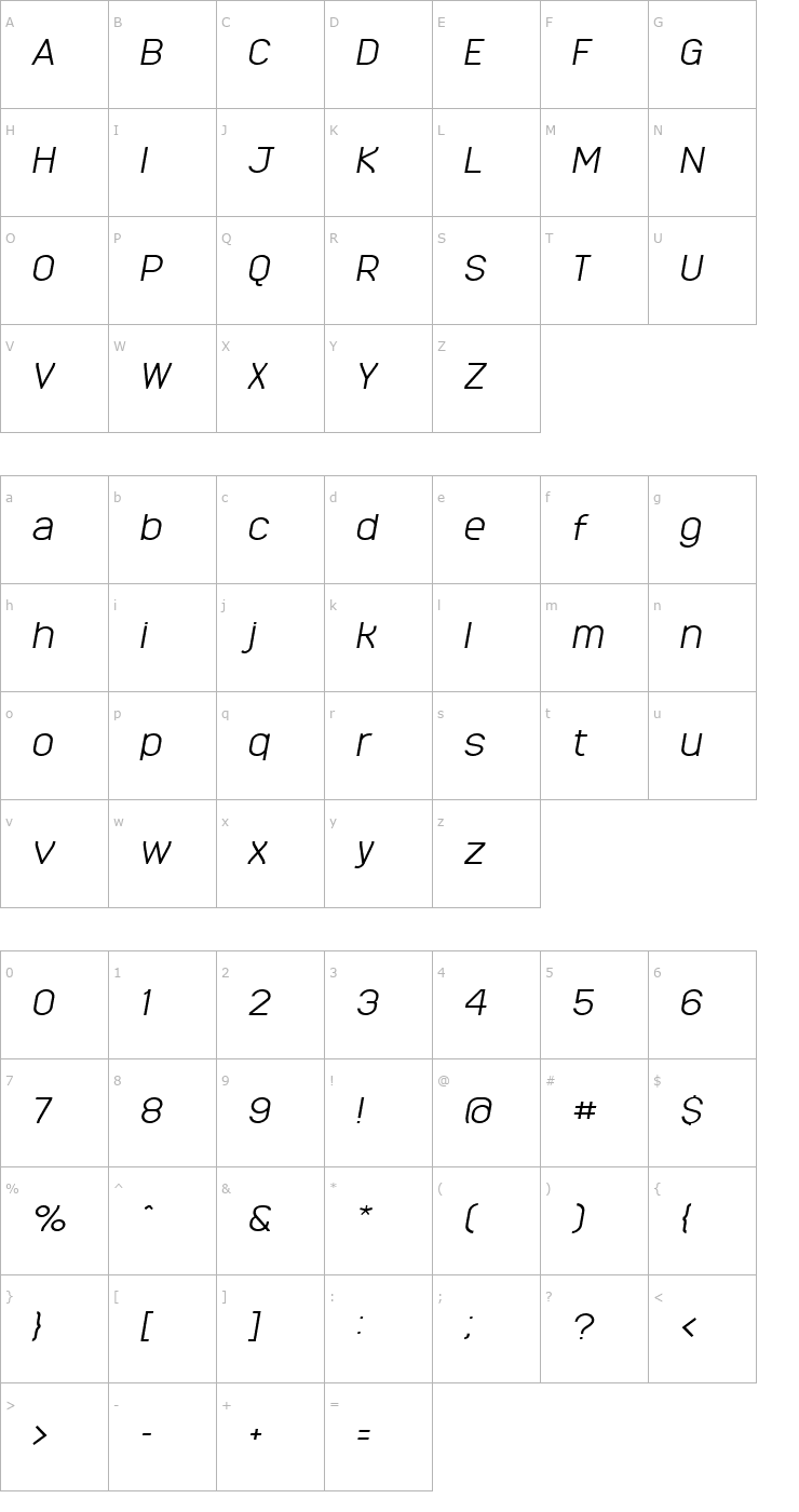 Character Map MonarkLight Oblique Font