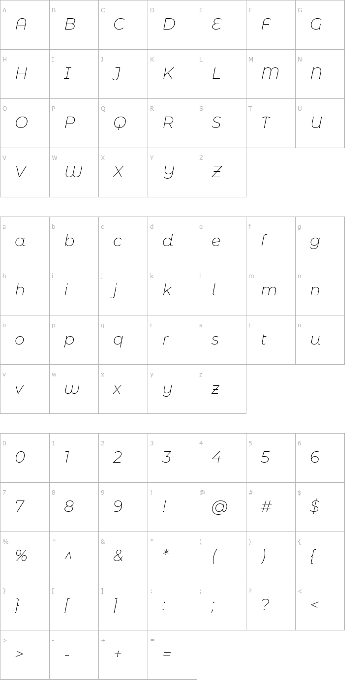 Character Map Montserrat Alternates ExtraLight Italic Font