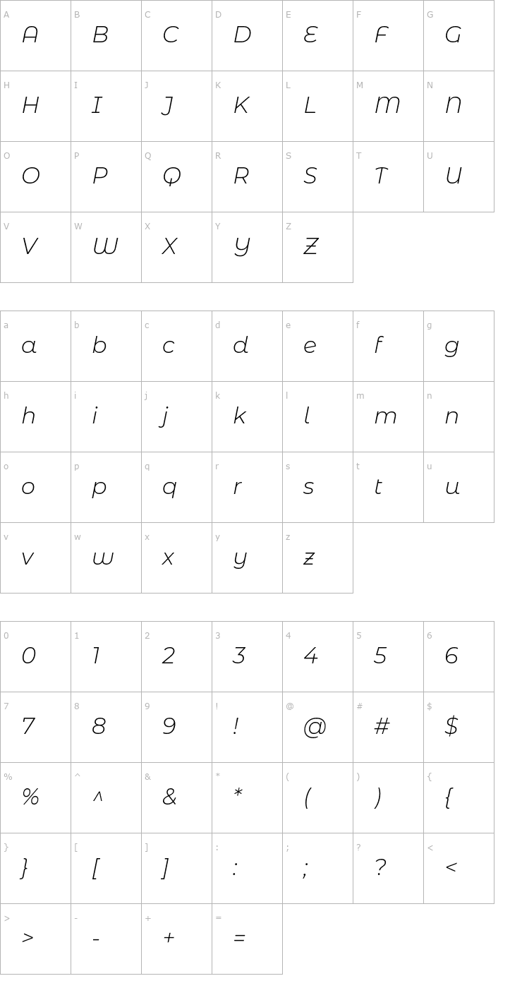 Character Map Montserrat Alternates Light Italic Font