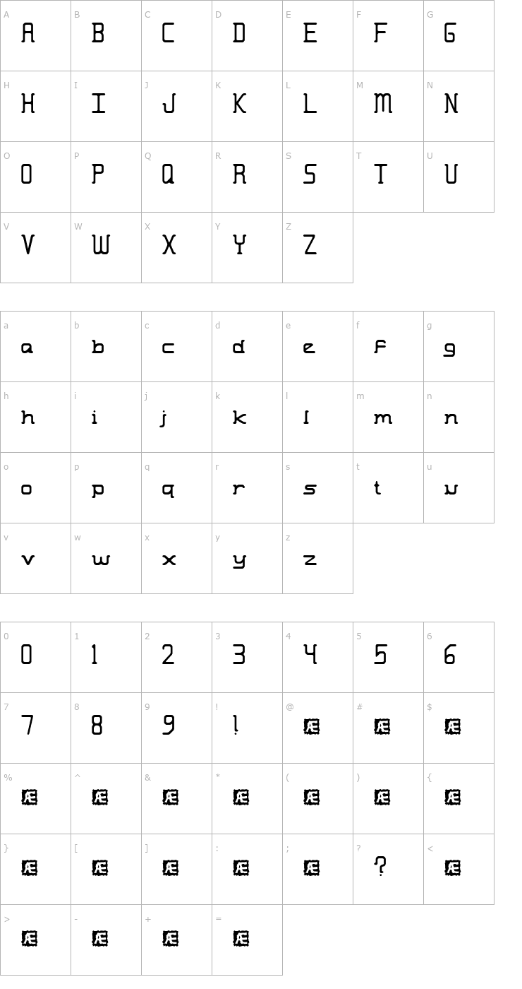 Character Map Moronic Misfire (BRK) Font