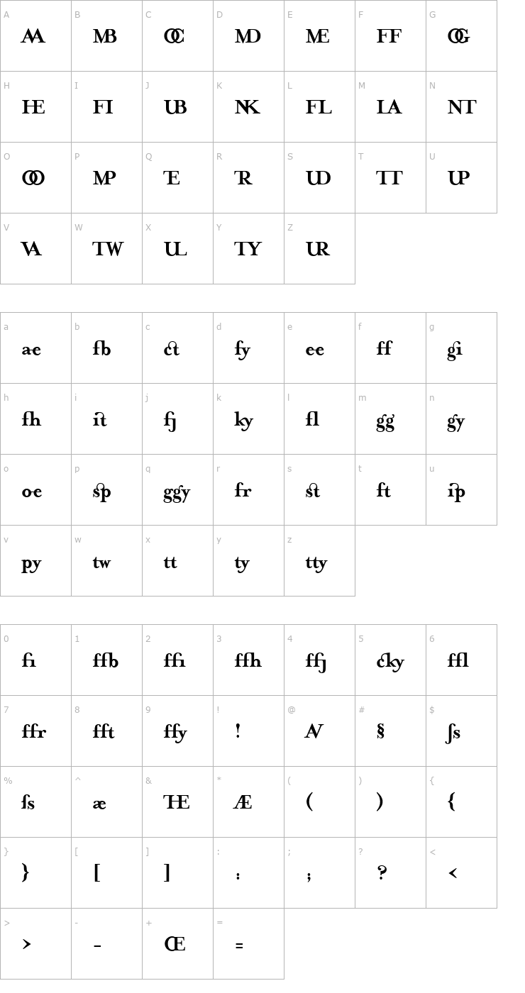 Character Map MrsEavesJustLig Bold Font