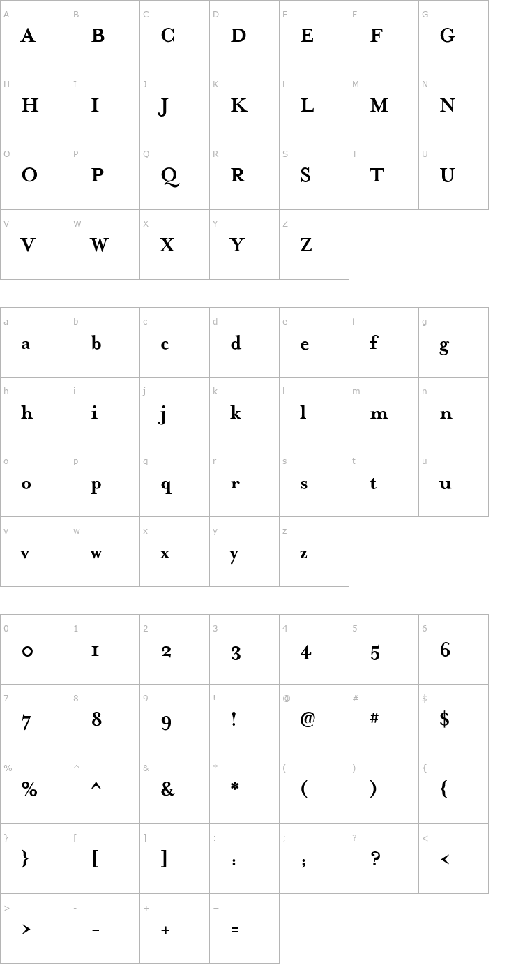 Character Map MrsEavesSmartLig-Bold Font