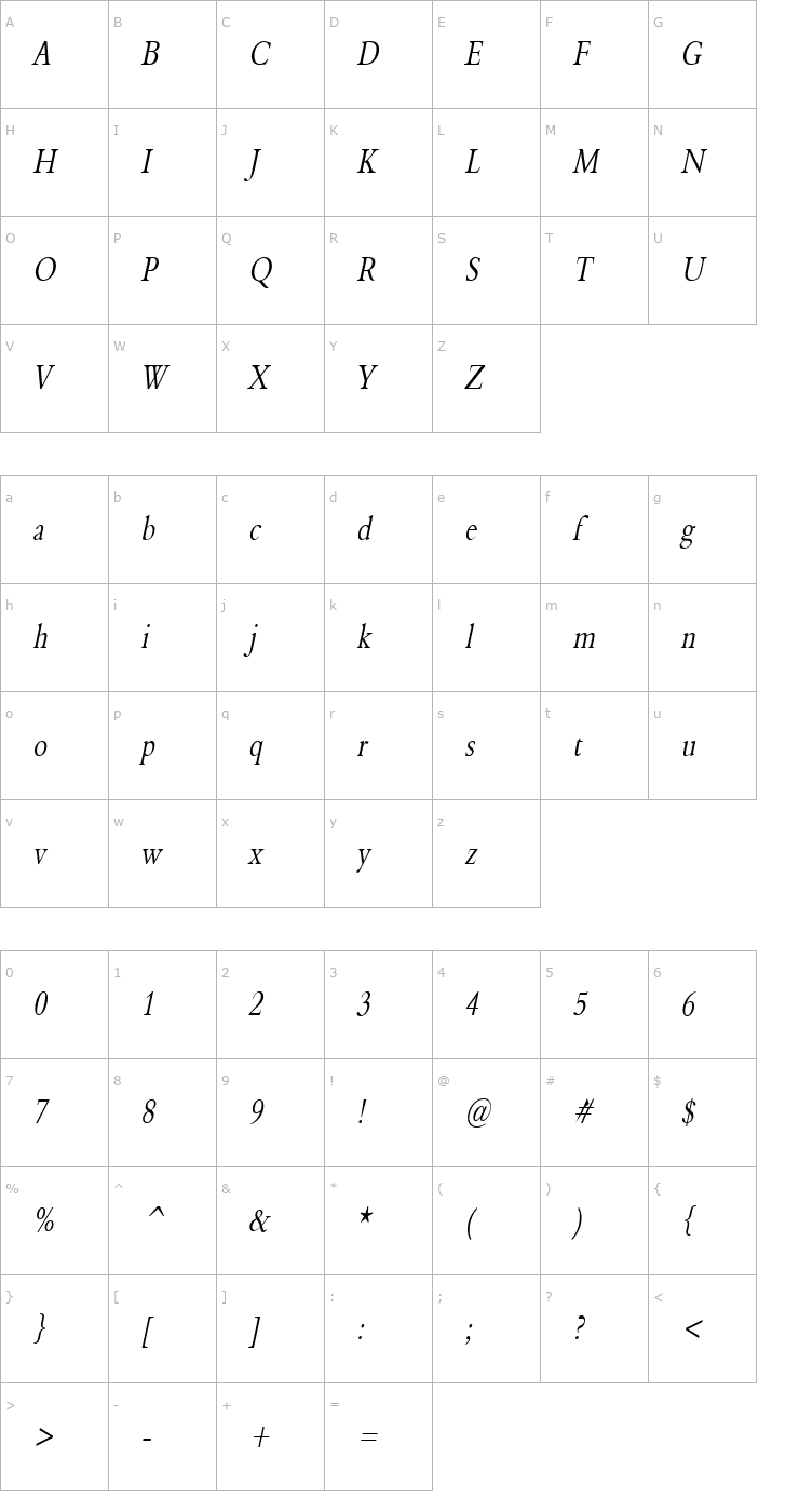 Character Map Nadine 2 Thin Italic Font