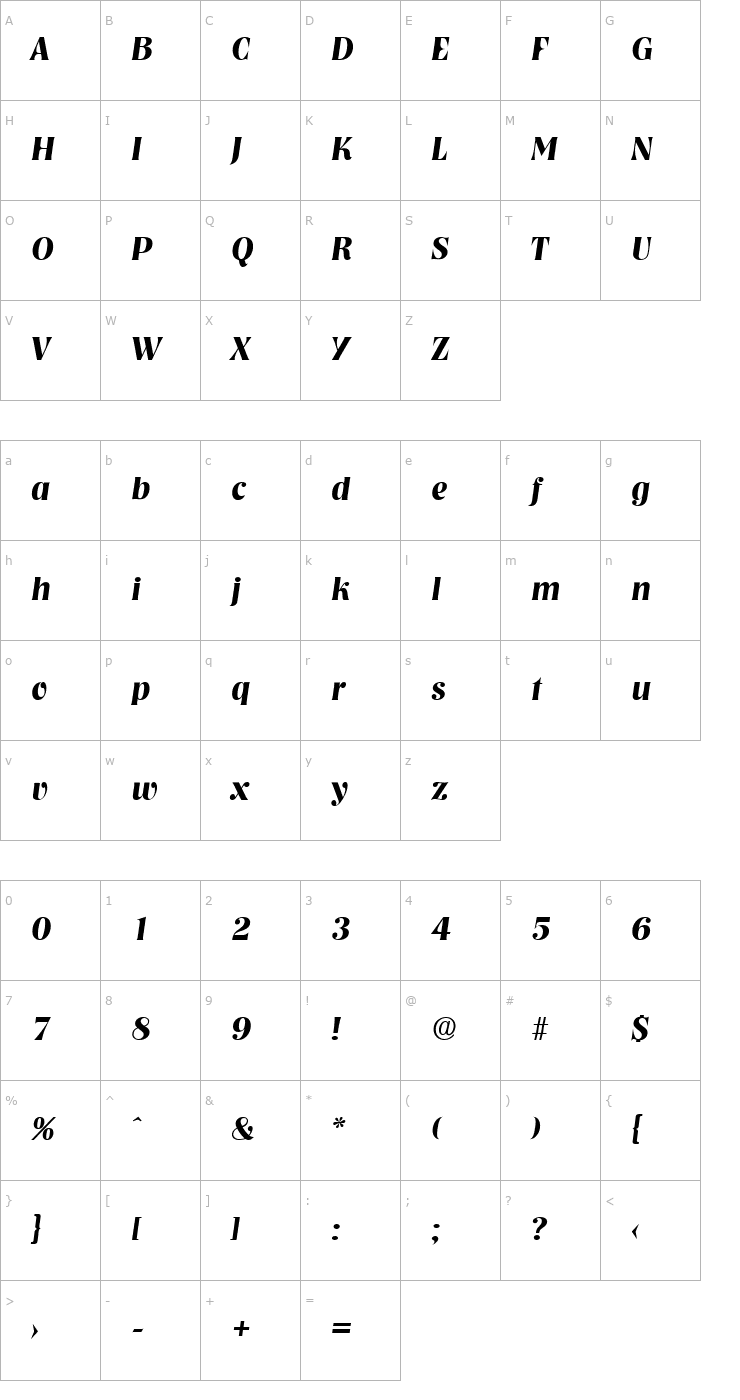 Character Map Nashville-Serial-BoldItalic Font