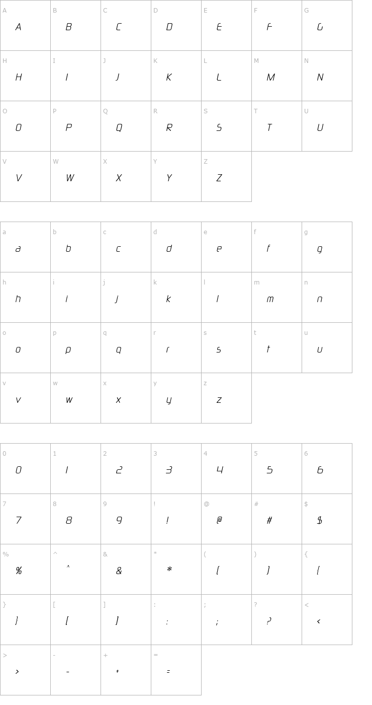 Character Map Neuropol X Cnd Lite Italic Font