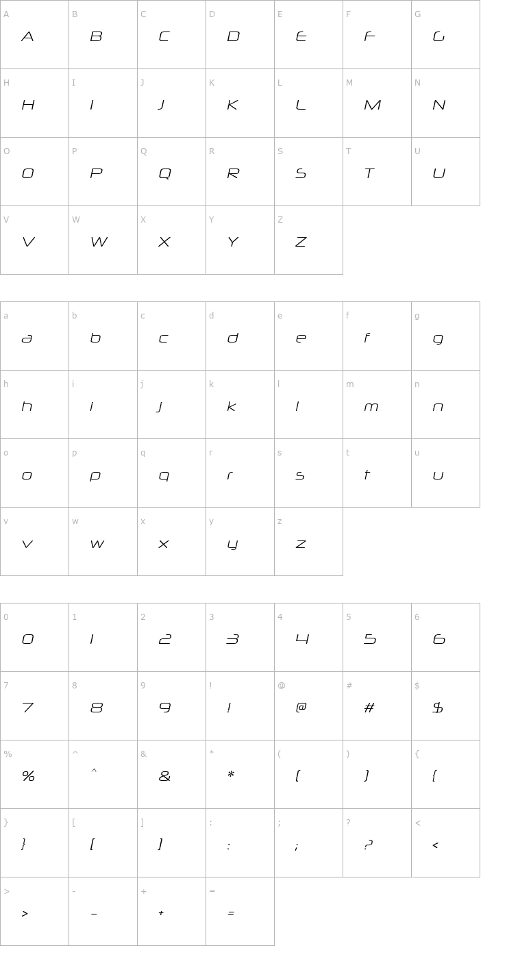 Character Map Neuropol X Lite Italic Font