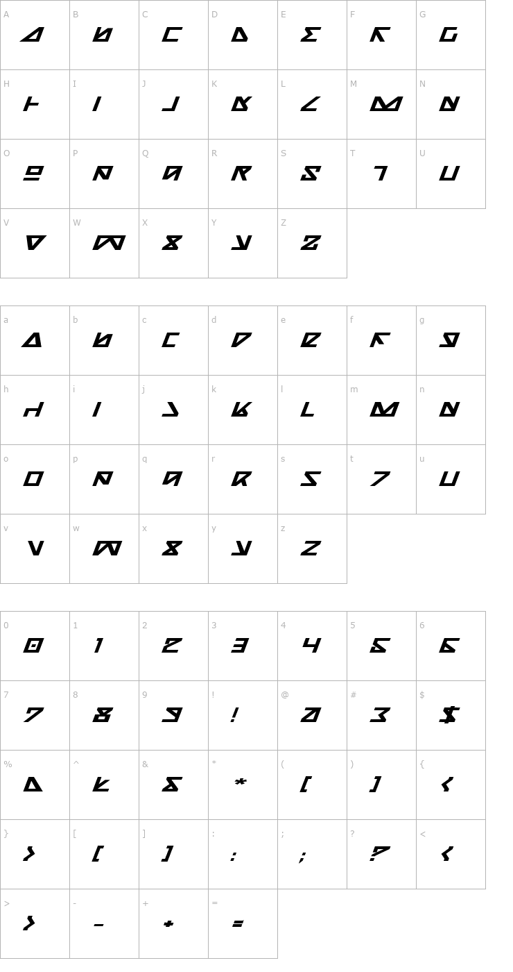 Character Map Nick Turbo Bold Expanded Italic Font