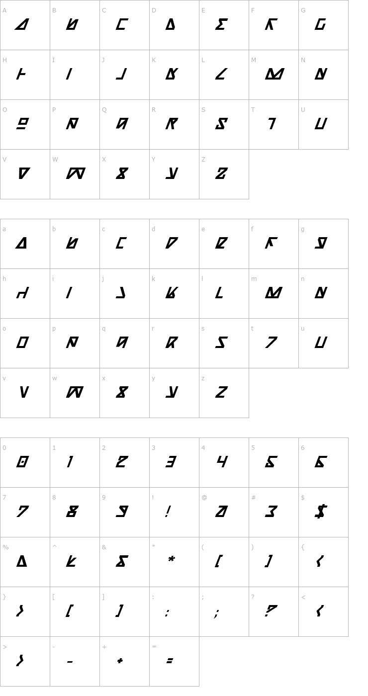 Character Map Nick Turbo Bold Italic Font