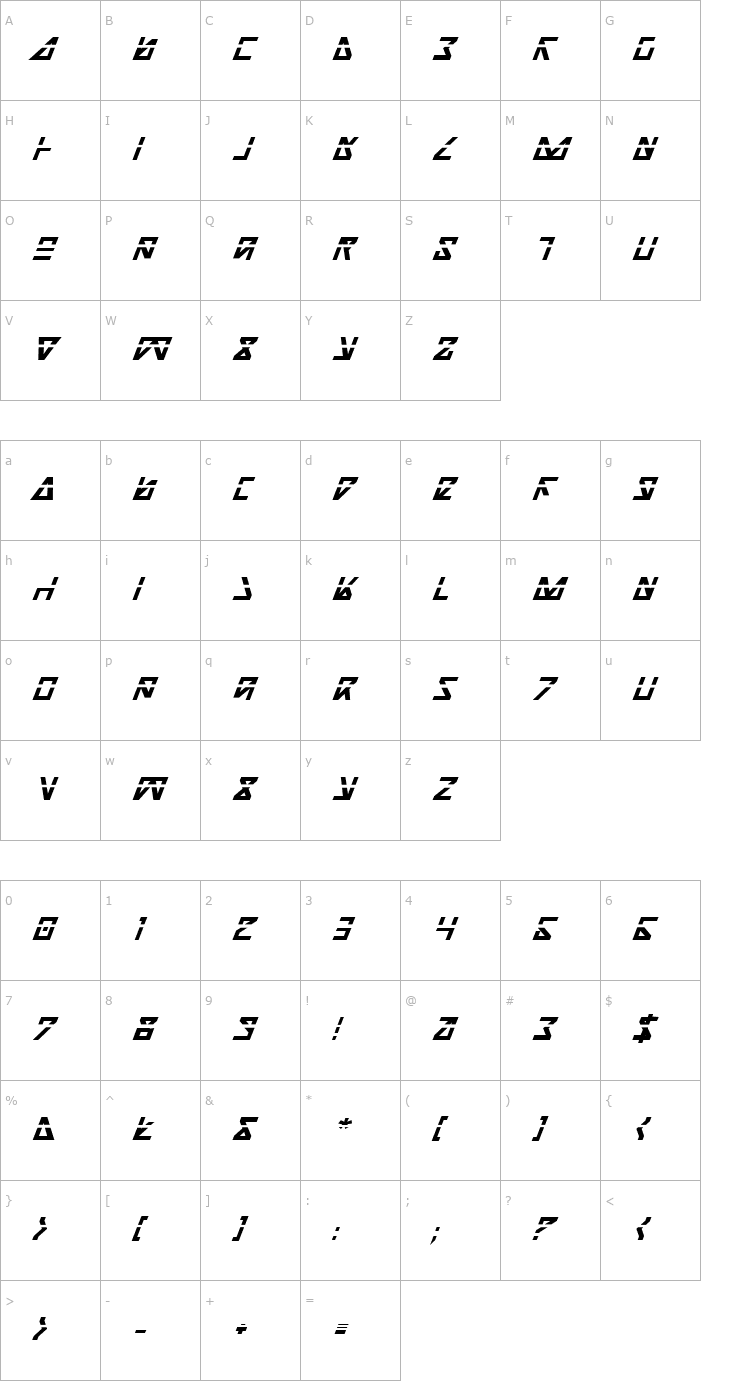 Character Map Nick Turbo Bold Italic Las Font