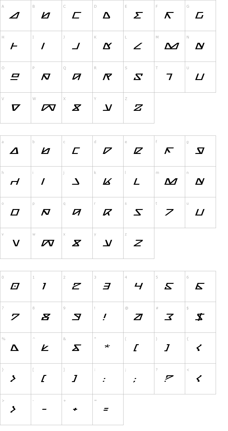 Character Map Nick Turbo Expanded Italic Font