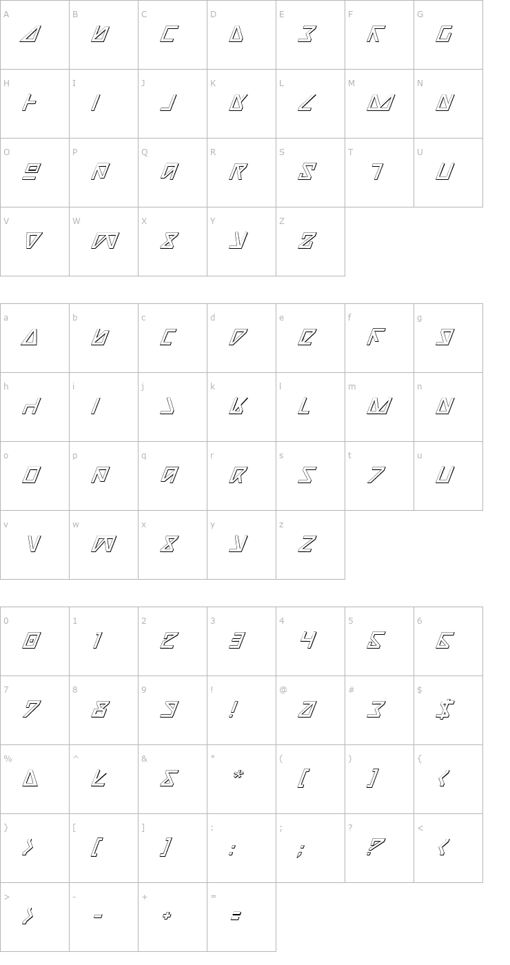 Character Map Nick Turbo Italic 3D Font