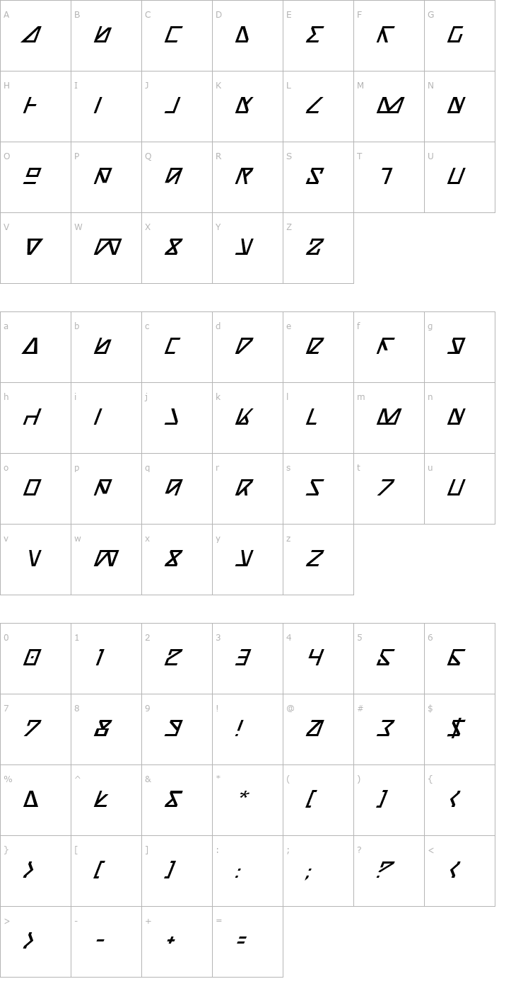 Character Map Nick Turbo Italic Font