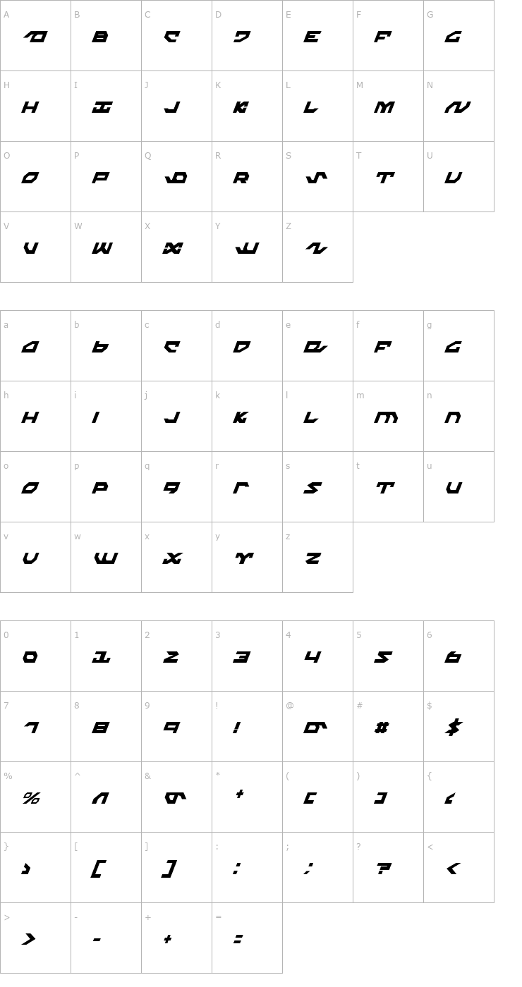 Character Map Nightrunner Condensed Italic Font