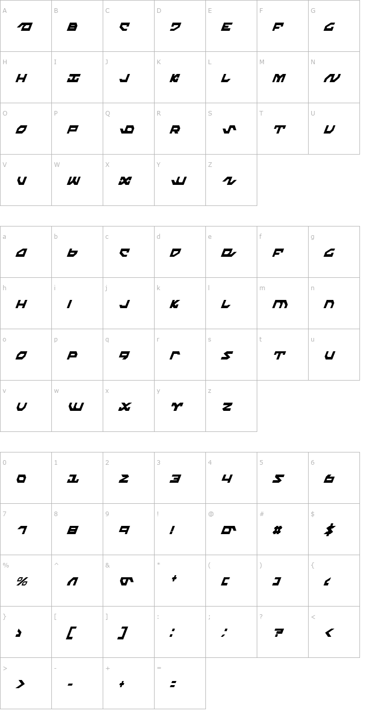 Character Map Nightrunner Extra Condensed Italic Font