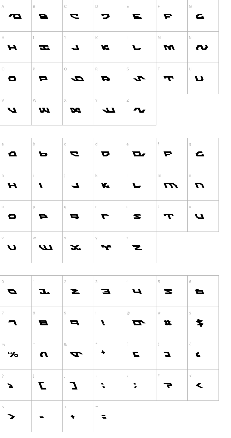 Character Map Nightrunner Leftalic Font