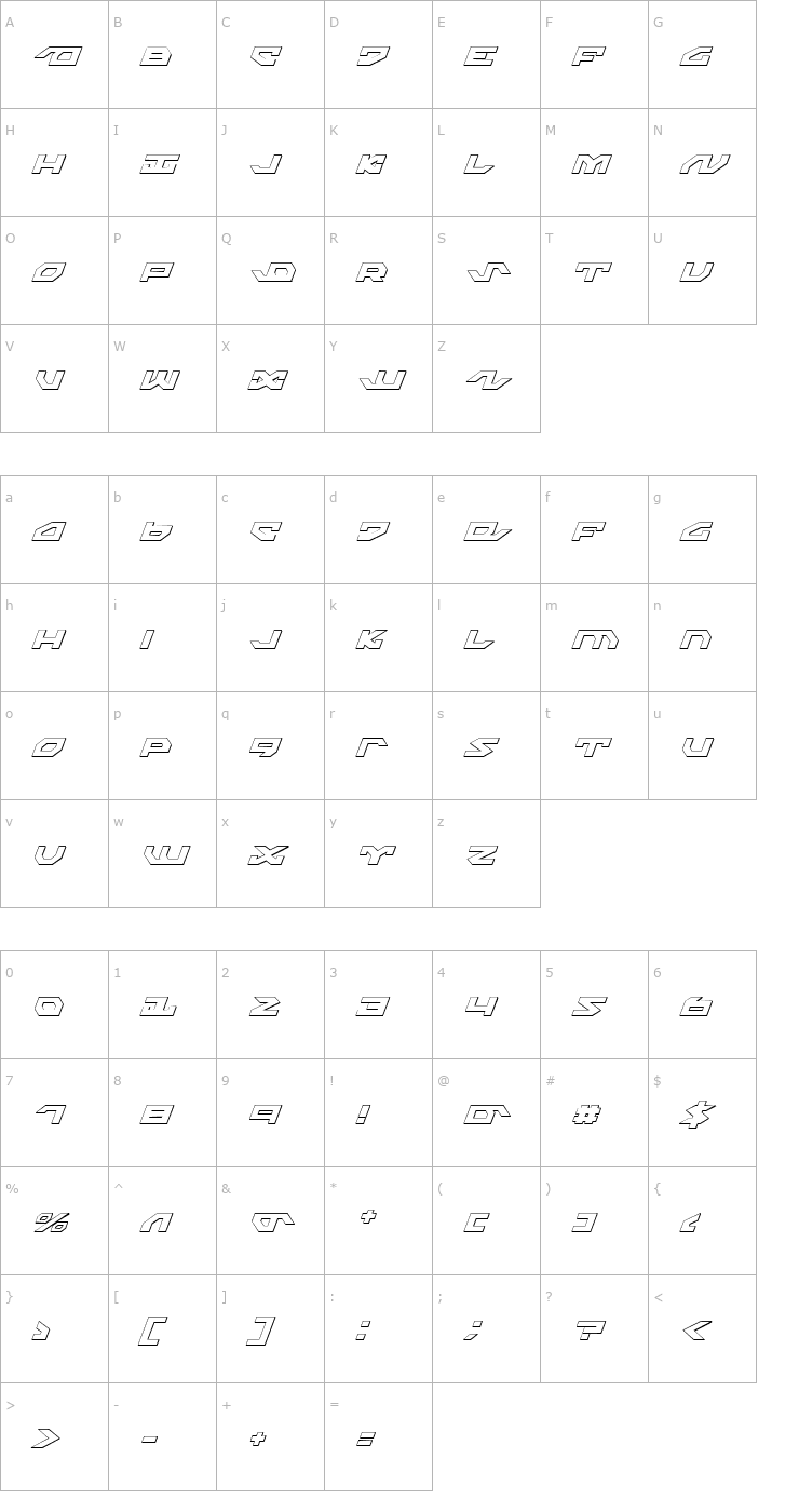 Character Map Nightrunner Shadow Italic Font