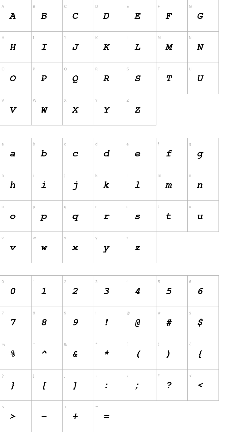 Character Map NimbusMonL Bold Oblique Font