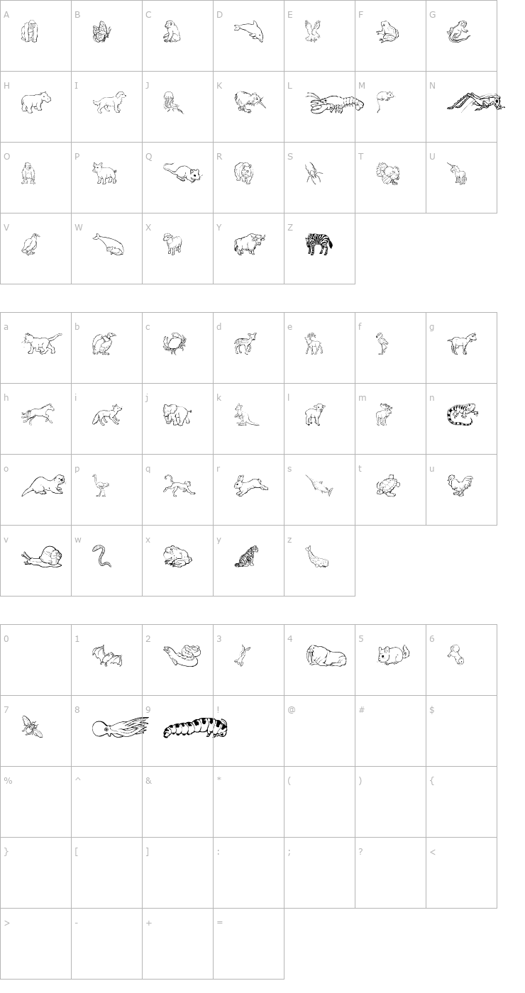 Character Map Nina's Animals Font