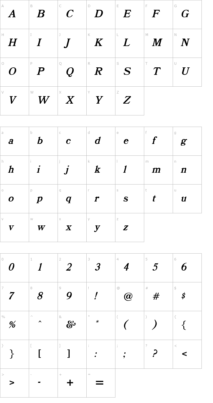 Character Map OPTIBookmanBoldItalicSwash Font