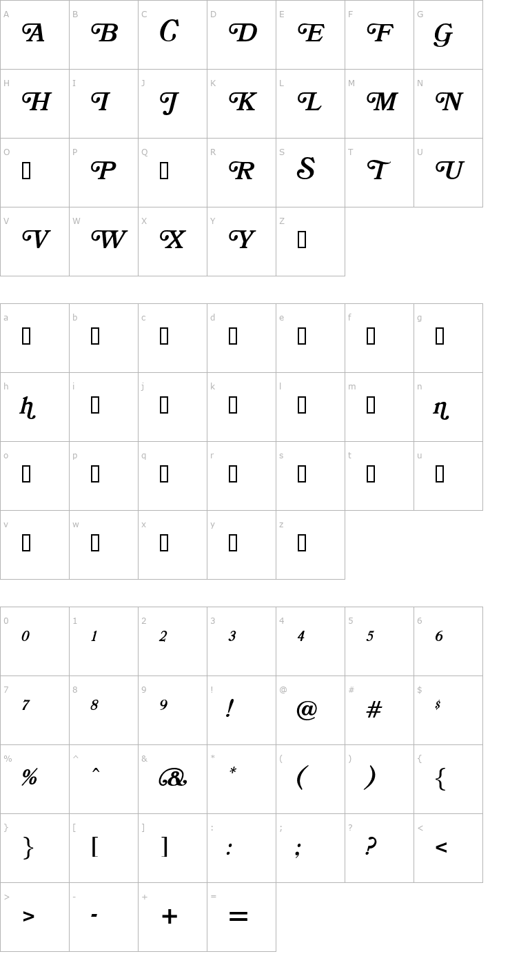 Character Map OPTIBookmanBoldItaSwashSup Font