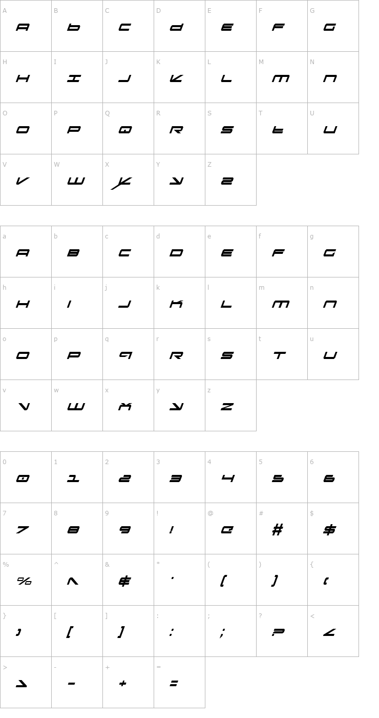 Character Map Oramac Condensed Italic Font