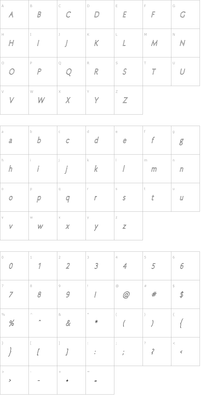 Character Map Oxford Hollow Thin Italic Font