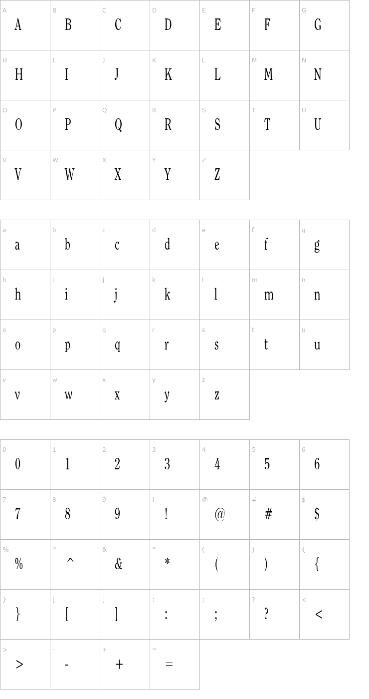 Character Map OxfordCondensed Font