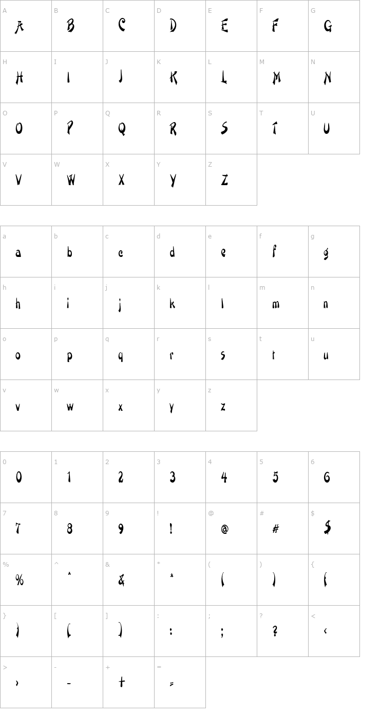 Character Map PaintbrushCondensed Font