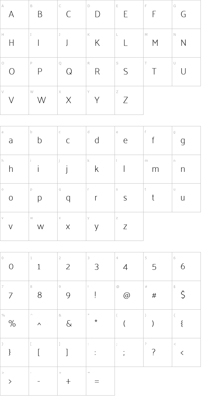 Character Map Palanquin Thin Font