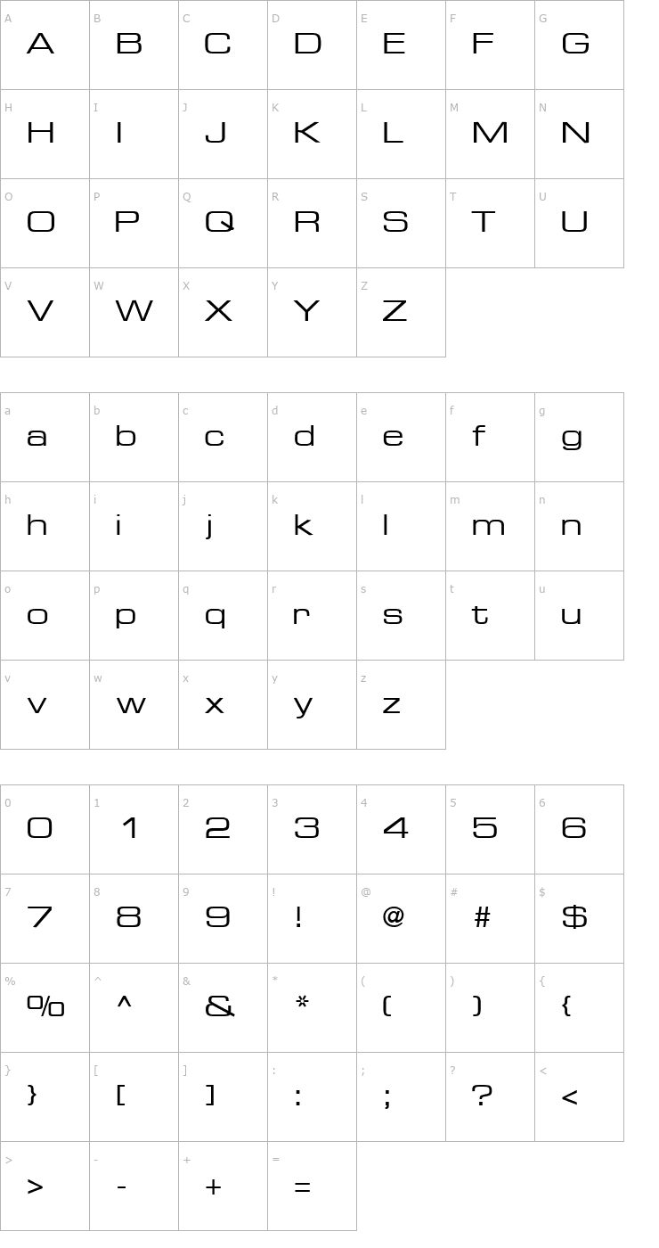 Character Map PalindromeExpandedSSK Regular Font