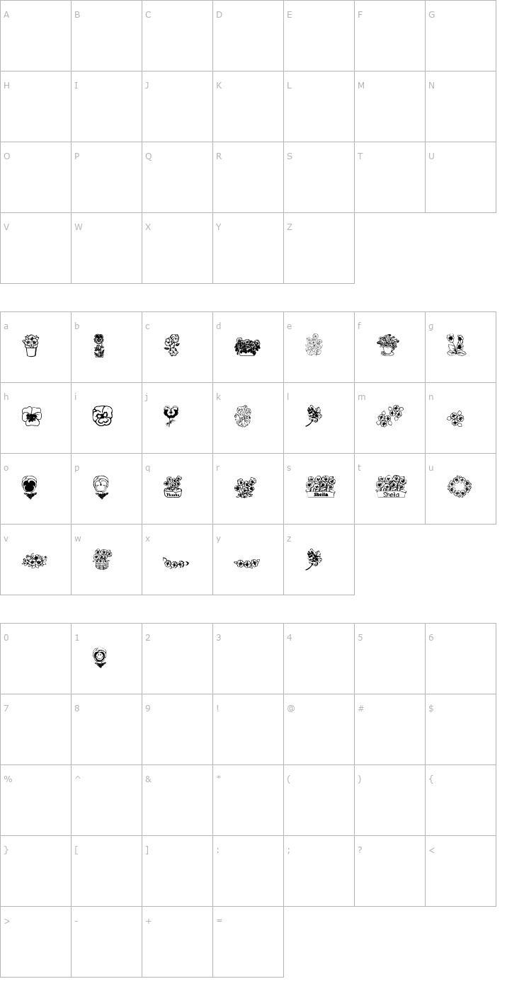 Character Map Pansies 4 Sheila Font