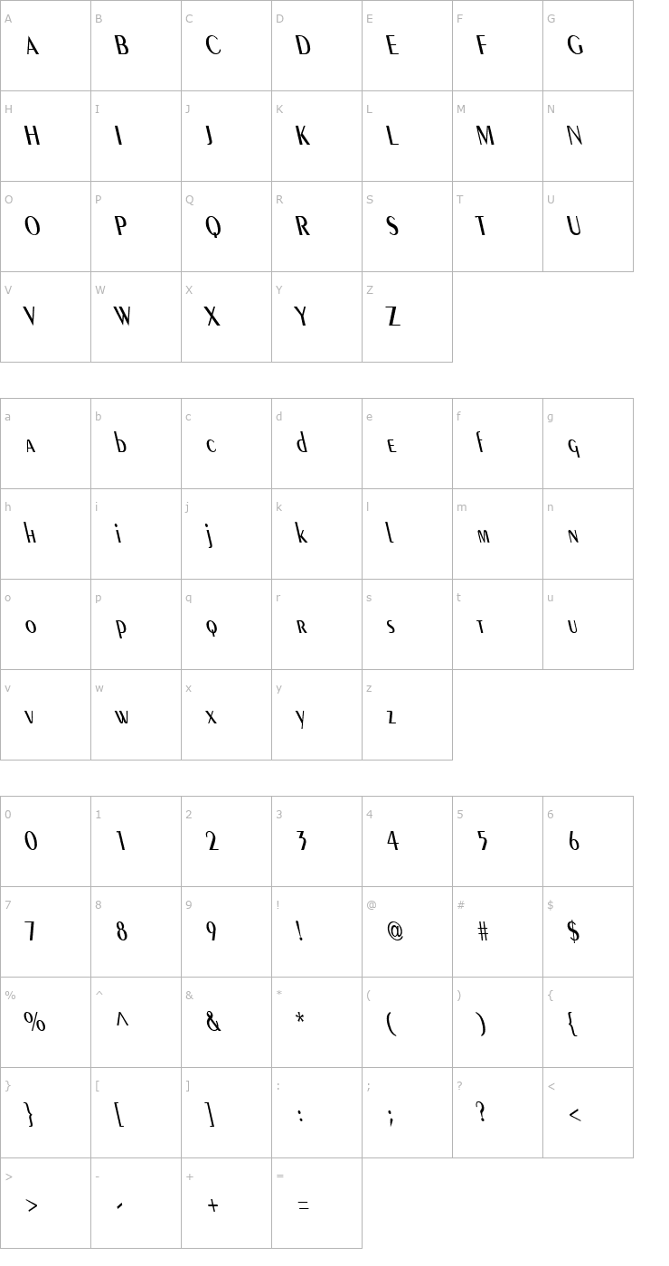 Character Map Pare Condensed Reverse Italic Font