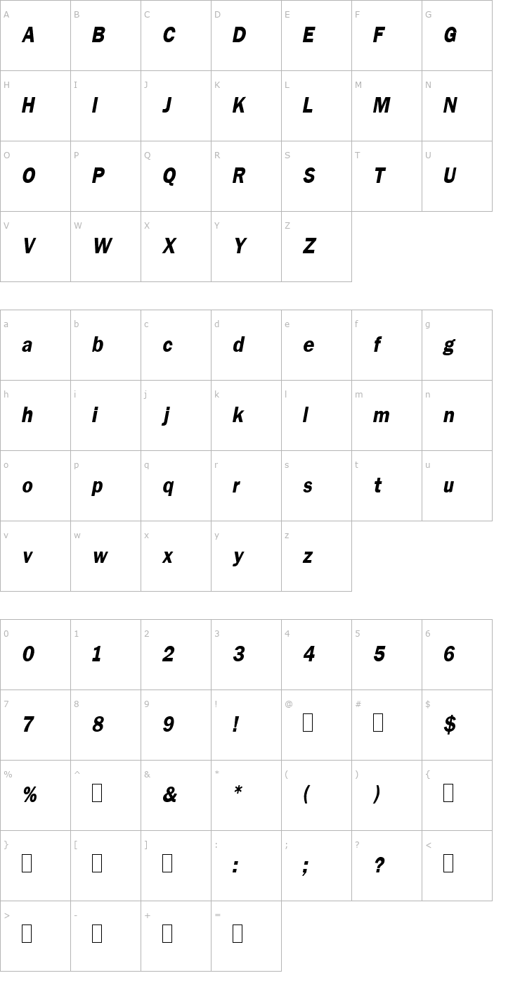 Character Map PatellaCond Oblique Font